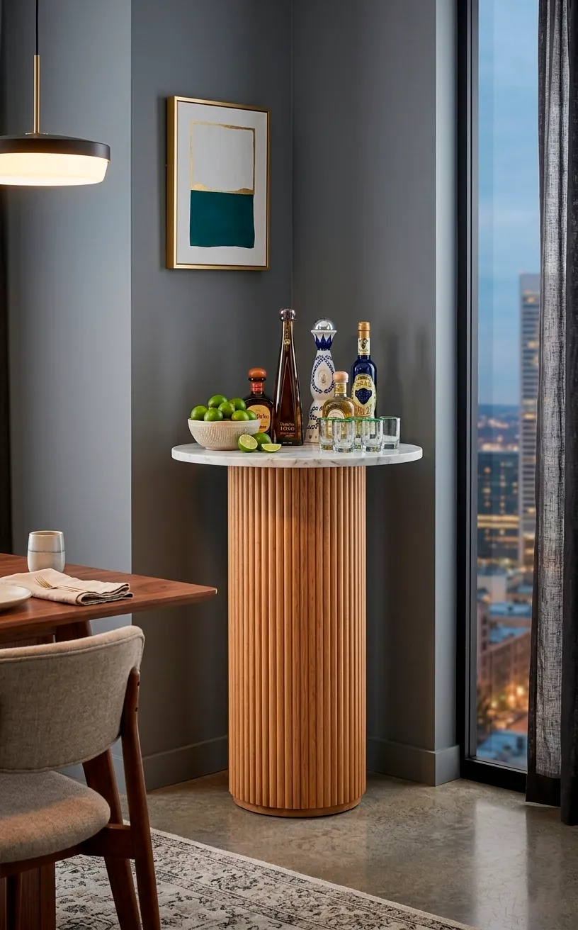 Fluted oak pedestal with a marble top used as a corner bar for tequila