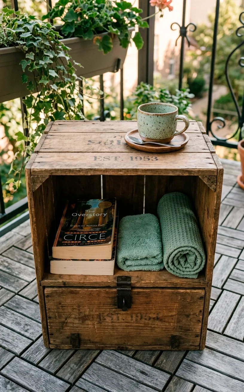 An upcycled wooden crate used as a balcony side table holding coffee and books.