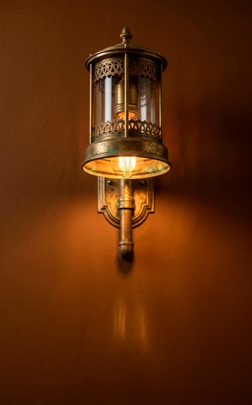 Vintage unlacquered brass wall sconce mounted on a warm gingerbread brown wall.