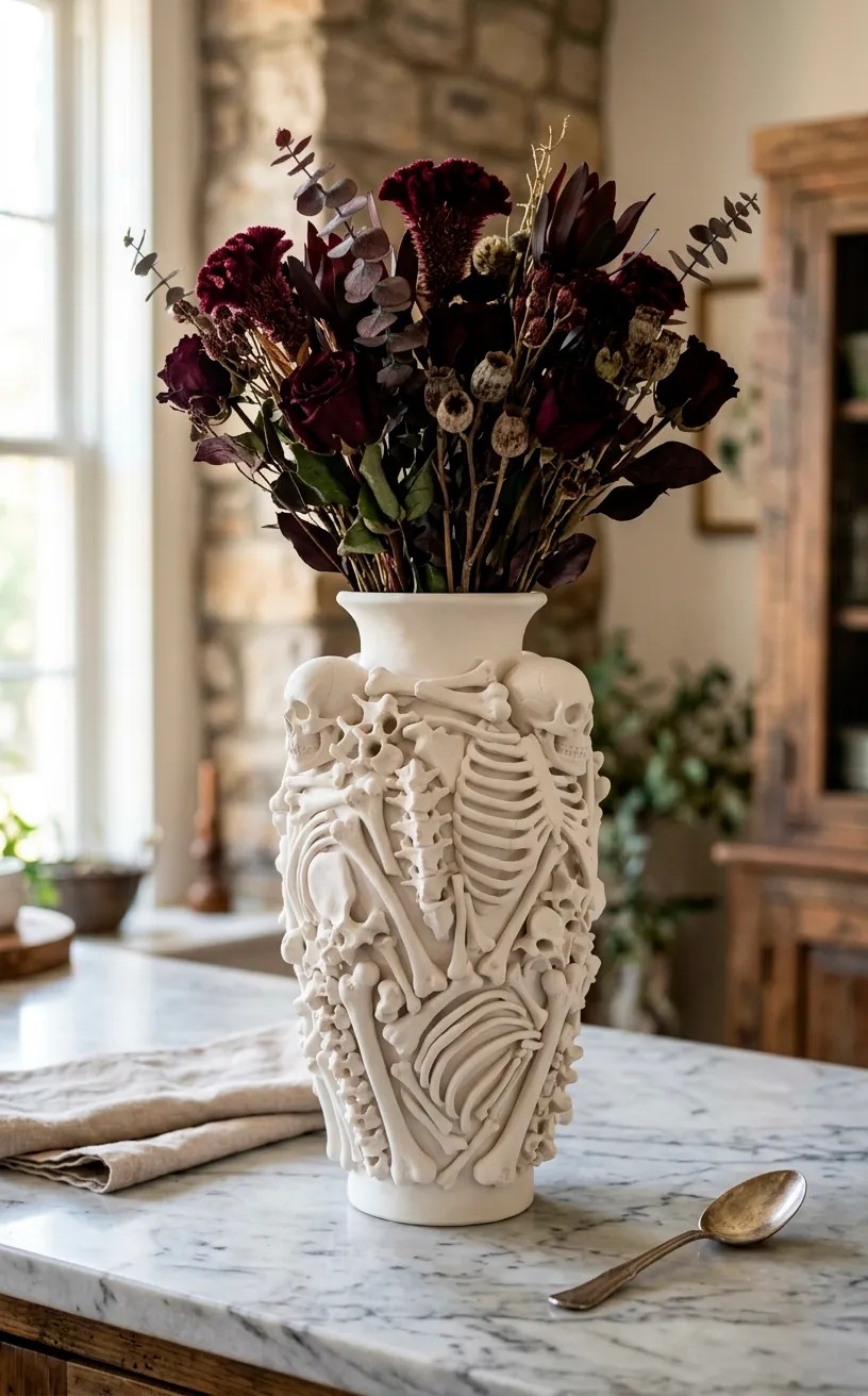 Matte white vase decorated with plastic bones holding dark dried flowers.