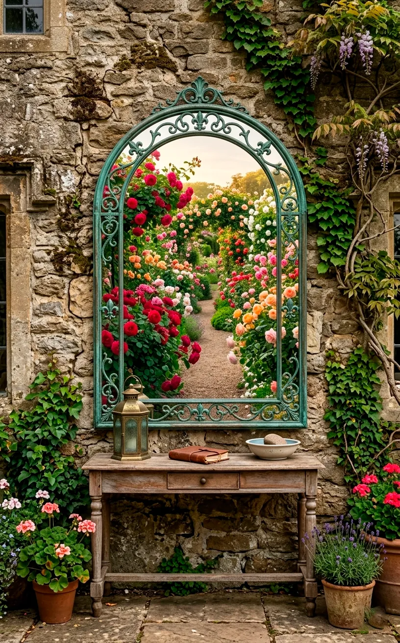 A large arched outdoor mirror hanging on a stone wall reflecting a garden.