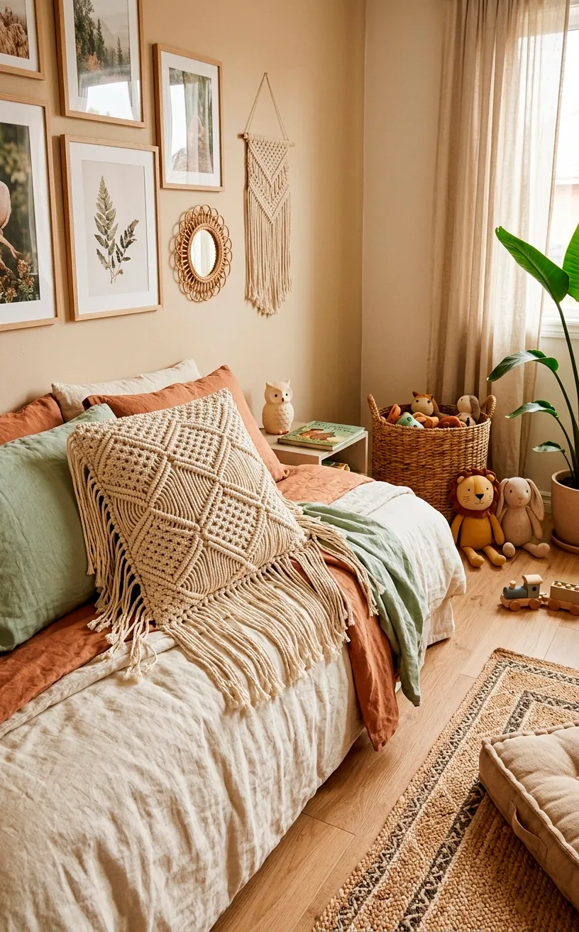 Cream macrame tassel pillow with hand knotted geometric patterns on a boho kids bed.