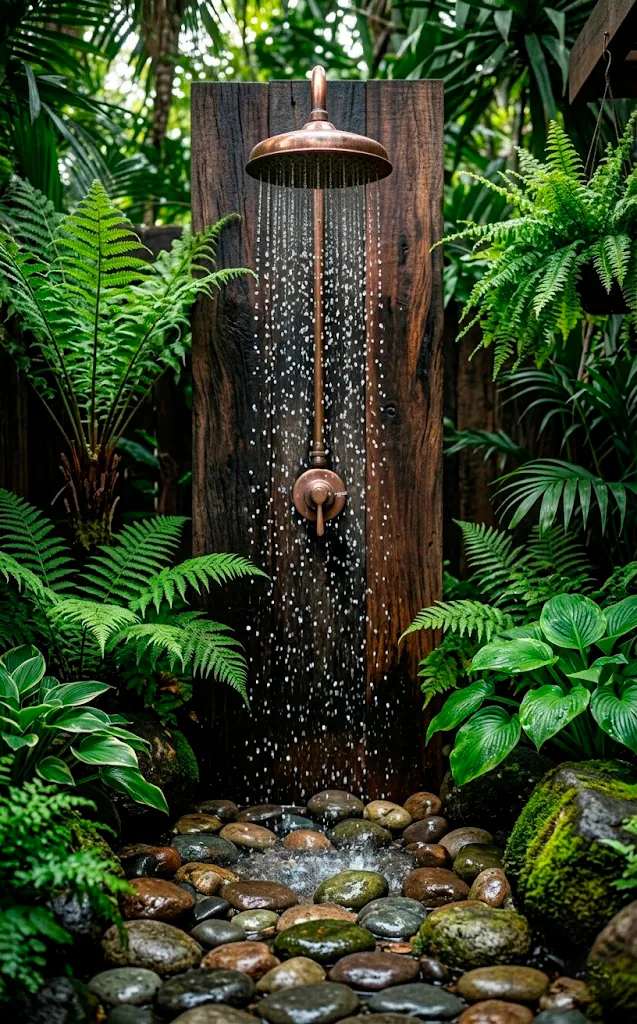 Luxury outdoor shower with copper fixtures and stone flooring in a lush garden setting.
