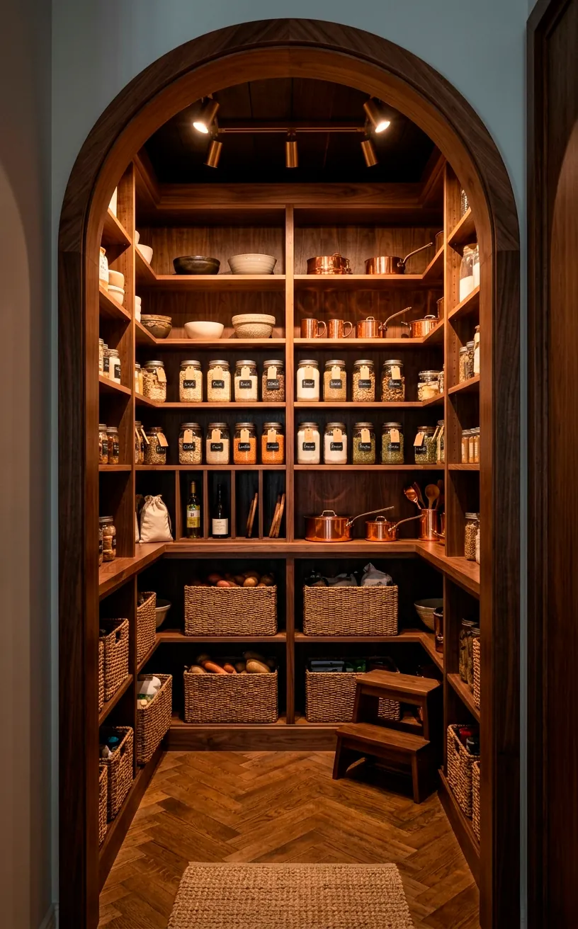 A breathtaking walk-in pantry featuring rich walnut shelves and an arched doorway framing neat glass jars and baskets.
