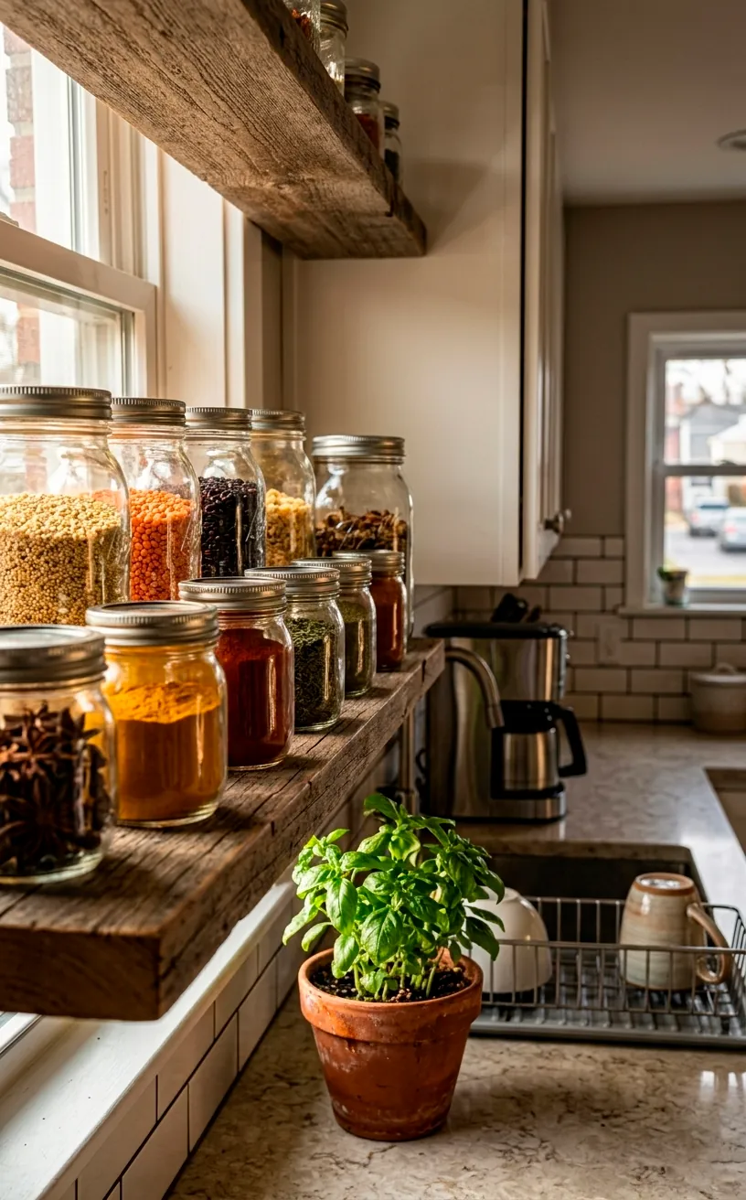 Repurposed glass jars for sustainable small space living organized beautifully on a wooden shelf.