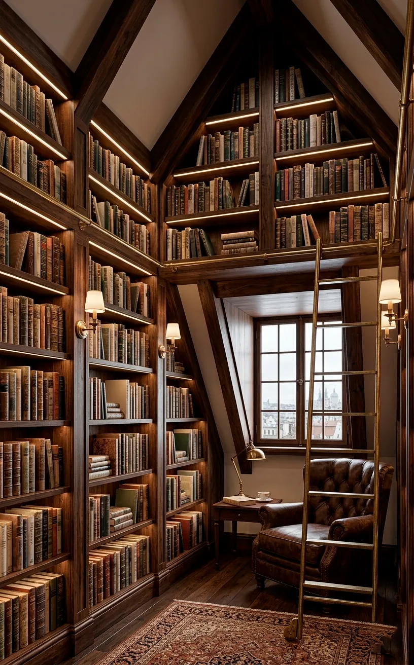 Luxury attic library with custom pitched bookshelves and a brass rolling ladder.