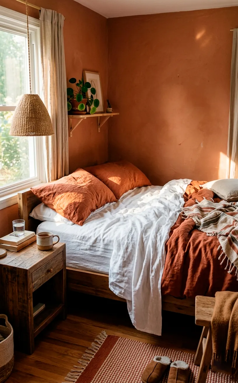 Luxurious earthy bedroom featuring a messy unmade bed with pure white and rust-colored linen sheets in morning sunlight.