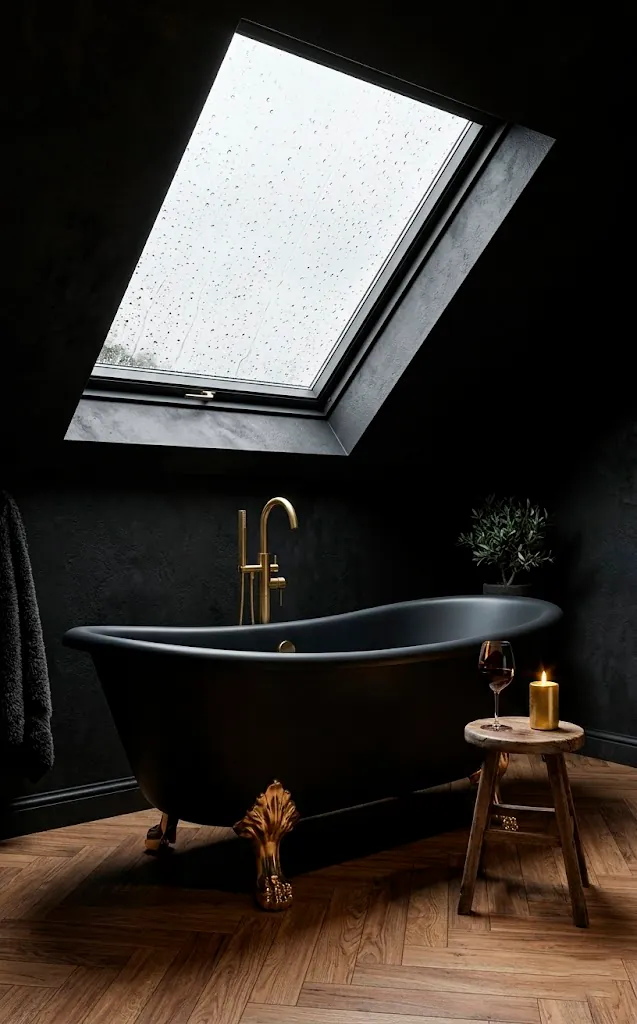 Luxury black clawfoot tub with gold feet under an attic skylight with moody lighting.