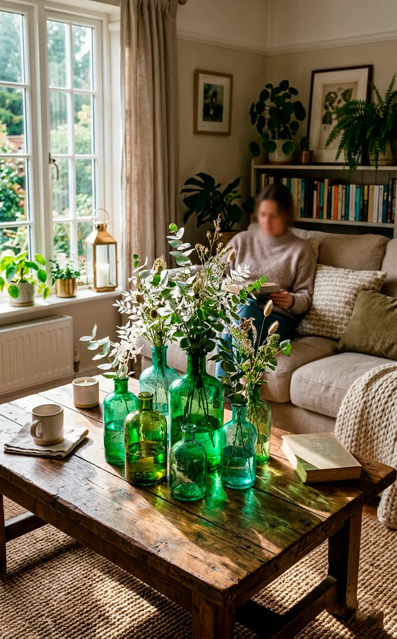 Stunning emerald green upcycled glass vases styled on a reclaimed wood coffee table with white eucalyptus.