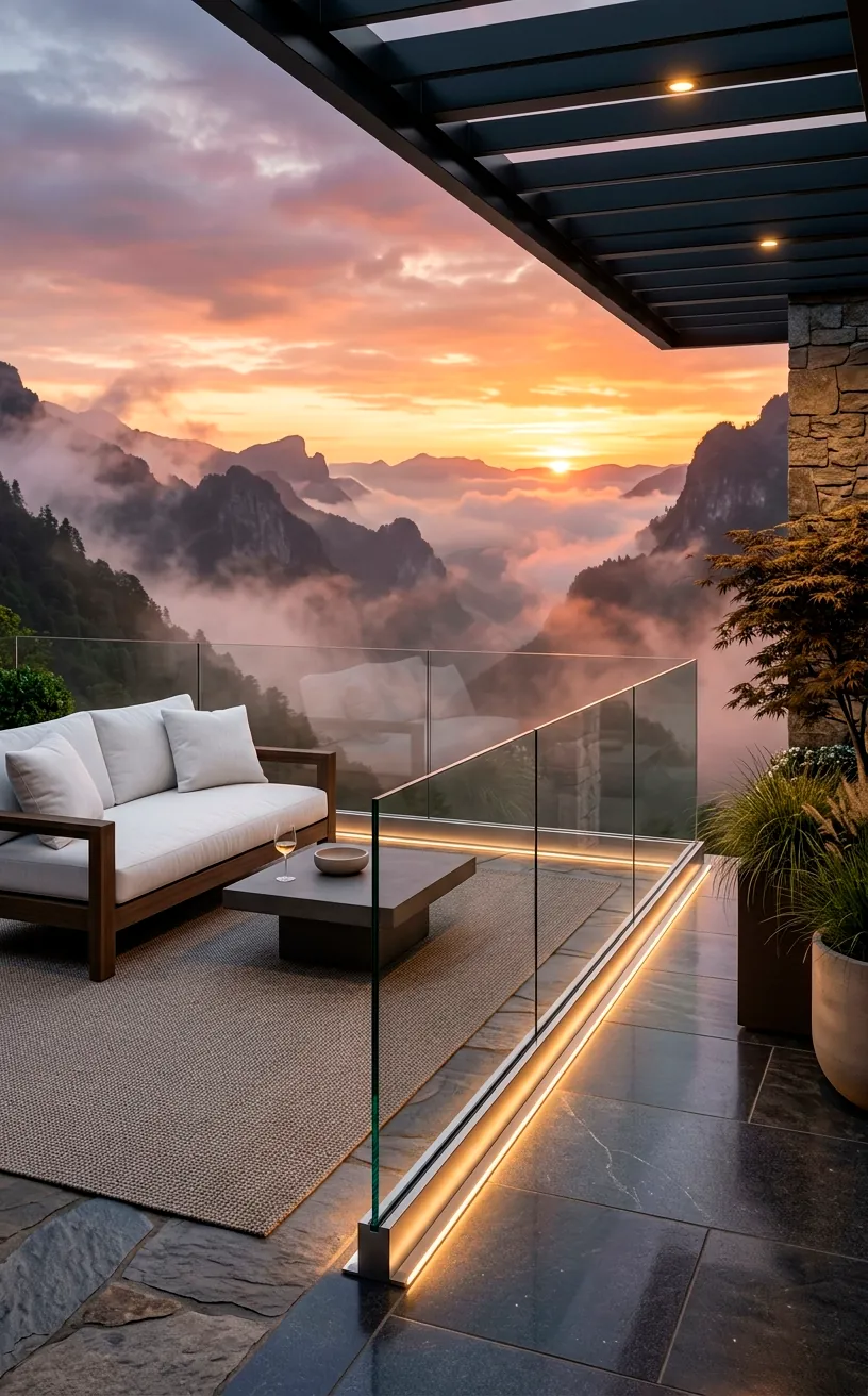 Frameless glass balustrade on a luxury infinity edge patio overlooking a misty mountain sunset.