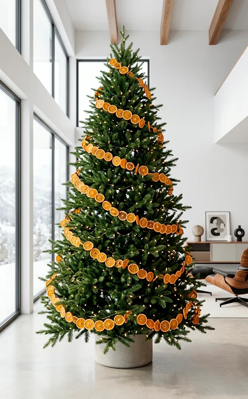 High-end Christmas tree decorated with dried orange slice garlands and warm LED fairy lights.