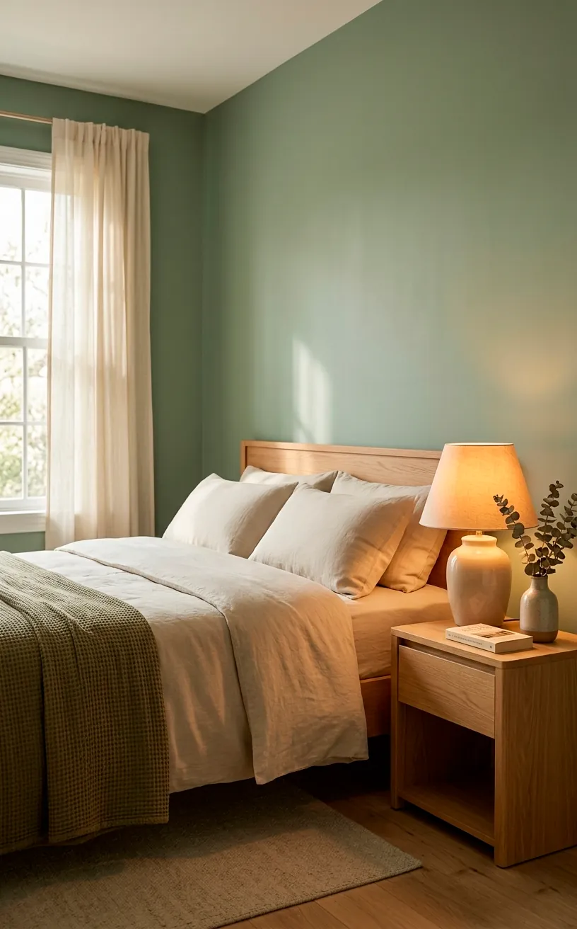 A cozy guest bedroom with sage green walls, warm beige linen bedding, and oak furniture under soft lighting.