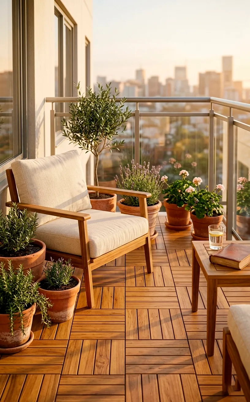 Rich golden teak interlocking deck tiles installed on an apartment balcony floor during golden hour.