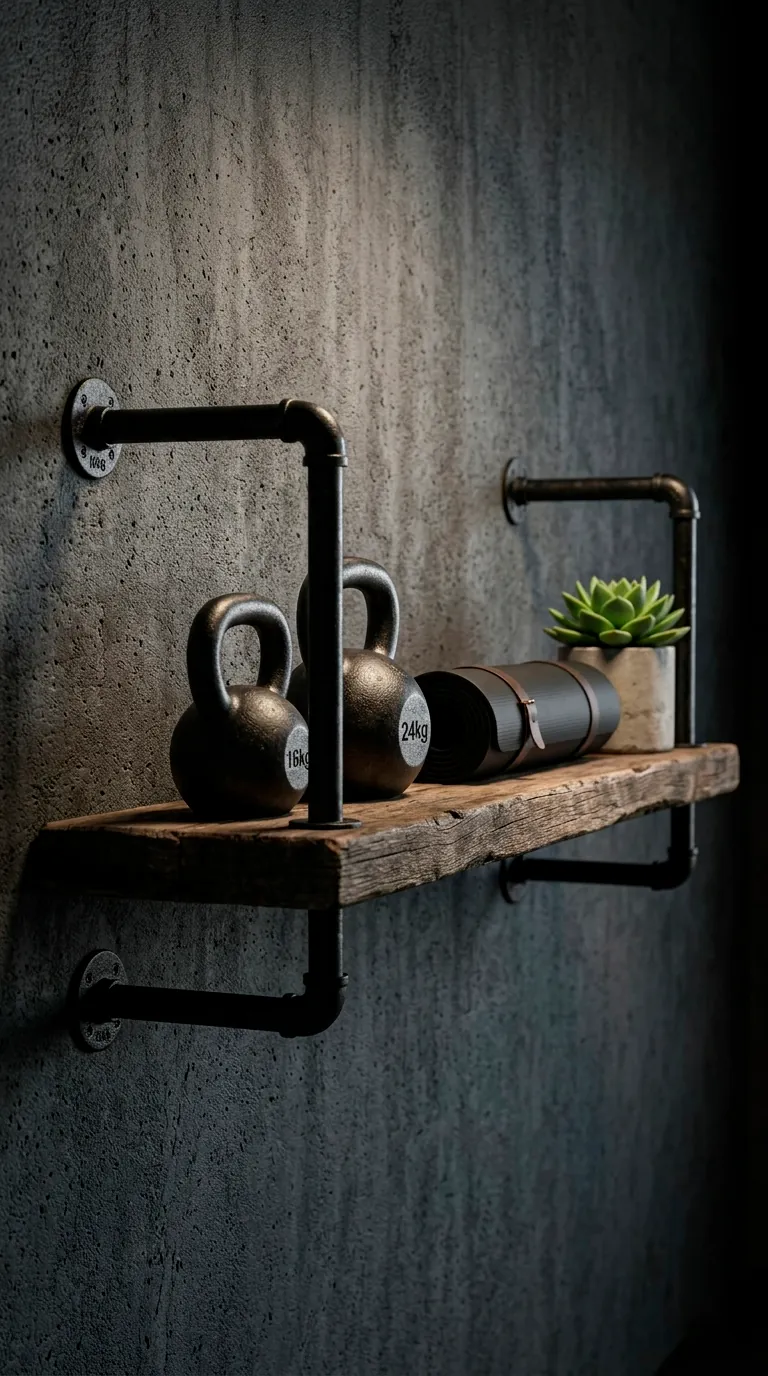 Industrial pipe floating shelf holding kettlebells and a yoga mat on a grey concrete wall.
