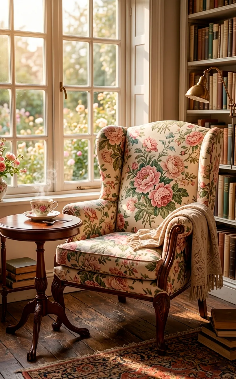 Vintage wingback chair with pink floral chintz fabric in a sunny room corner.
