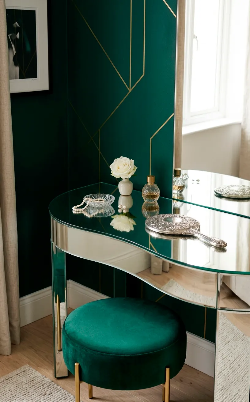 Curved mirrored vanity table reflecting natural light and an emerald green wall with brass accents.