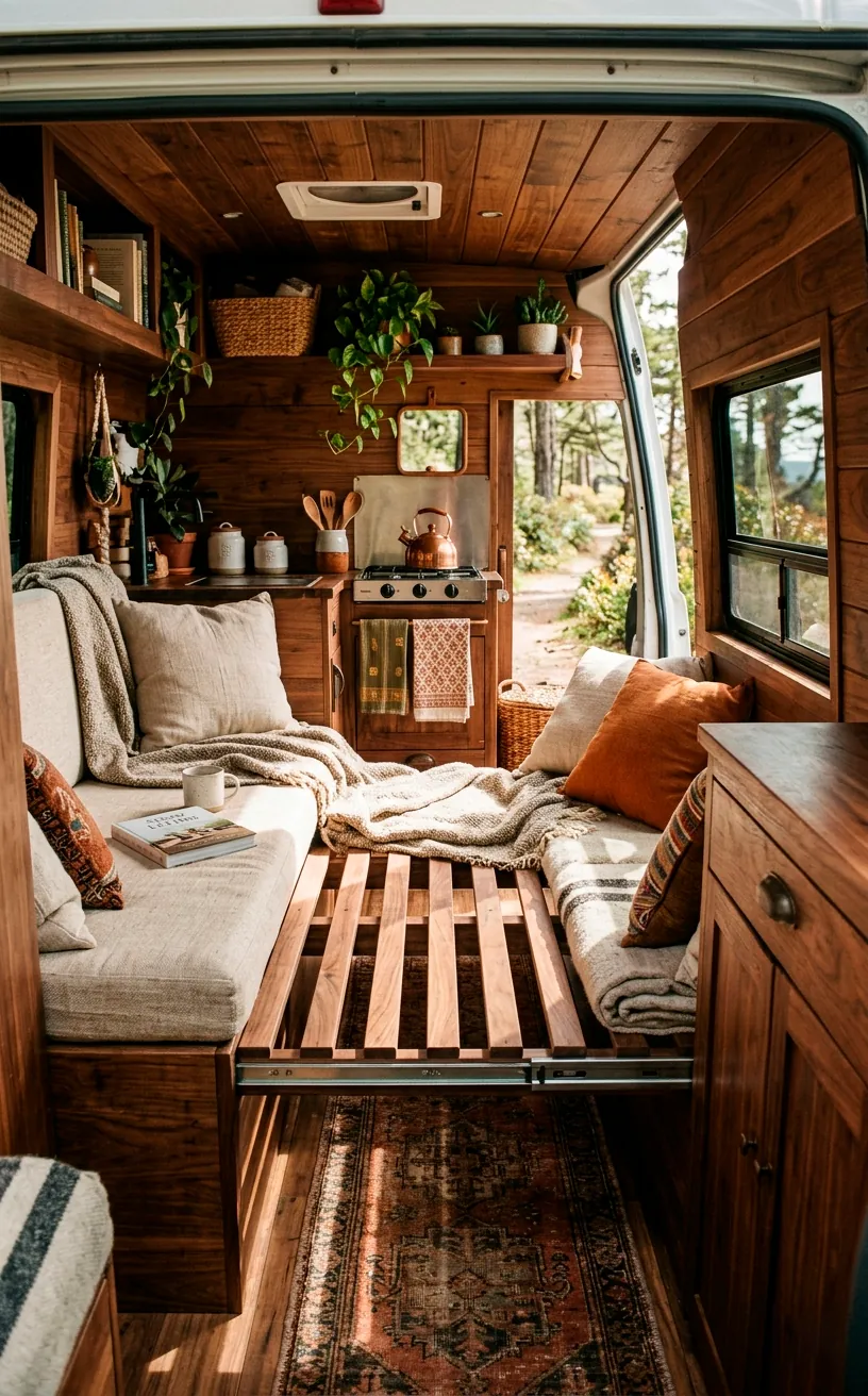 Slide-out wooden slat bed extending from a bench inside a sunlit camper van