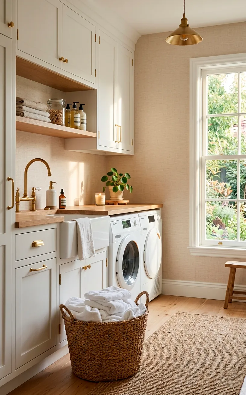 Sunlit modern laundry room showcasing soft beige faux-linen textured wallpaper and white towels