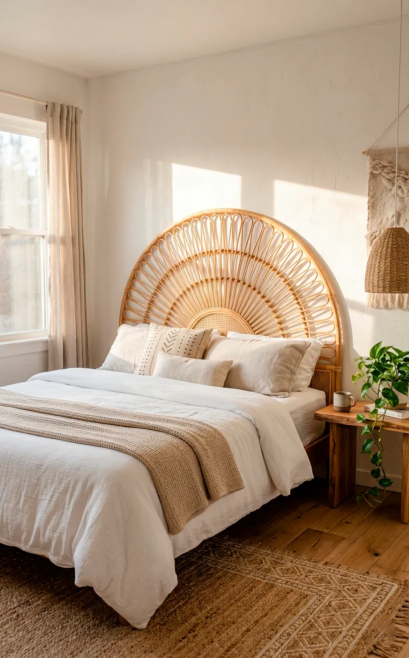 Breathtaking sunburst arch rattan headboard in a sun-drenched minimalist bohemian bedroom with crisp white layered linens