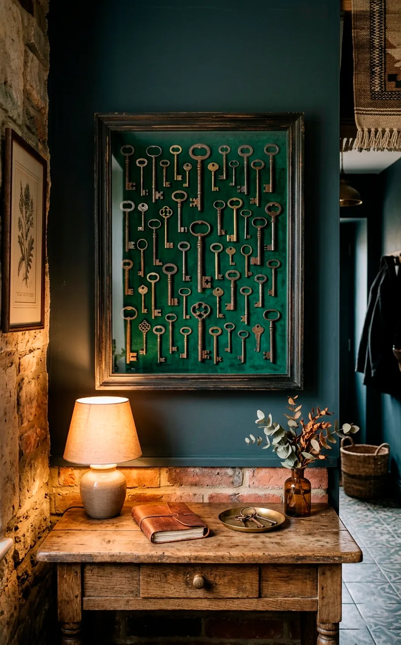 A velvet shadow box filled with vintage skeleton keys hanging above a wood console table.