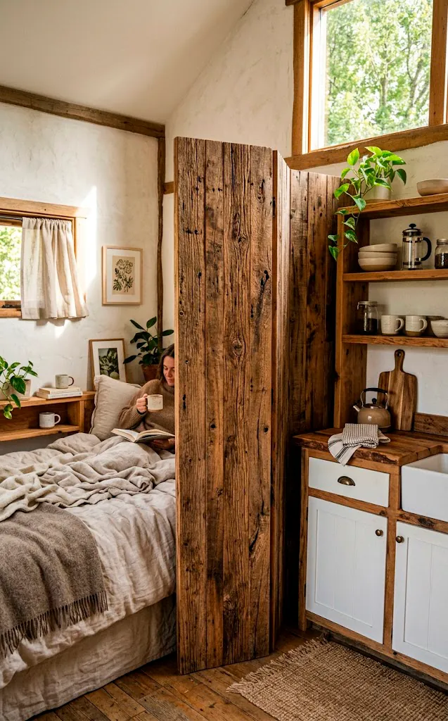 Reclaimed wood folding screen separating a bed and kitchen in a studio apartment