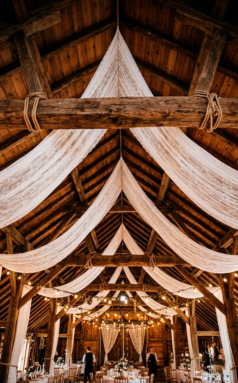 Sheer lace fabric draped across wedding venue ceiling beams anchored with thick burlap ropes