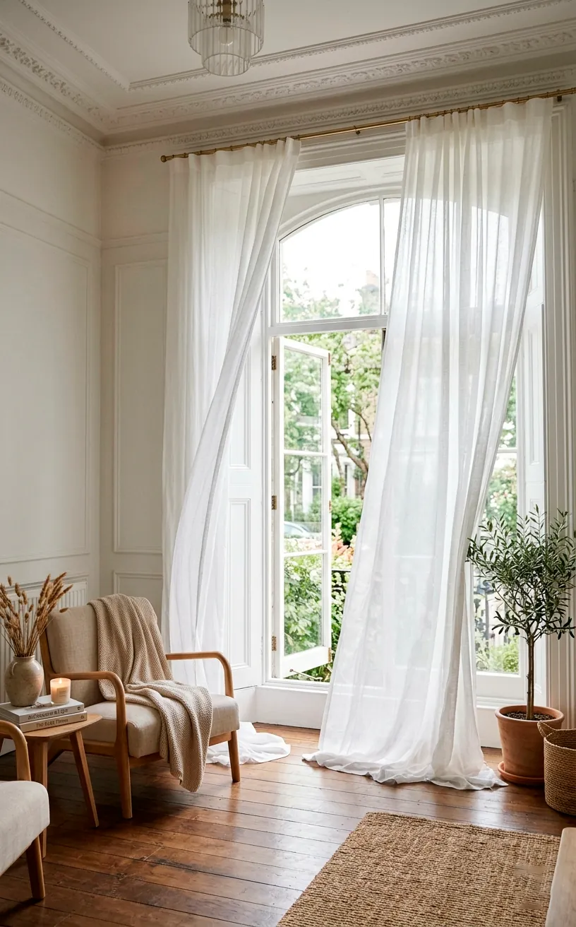 A bright window elegantly dressed with high-hung sheer linen curtains blowing in the breeze.