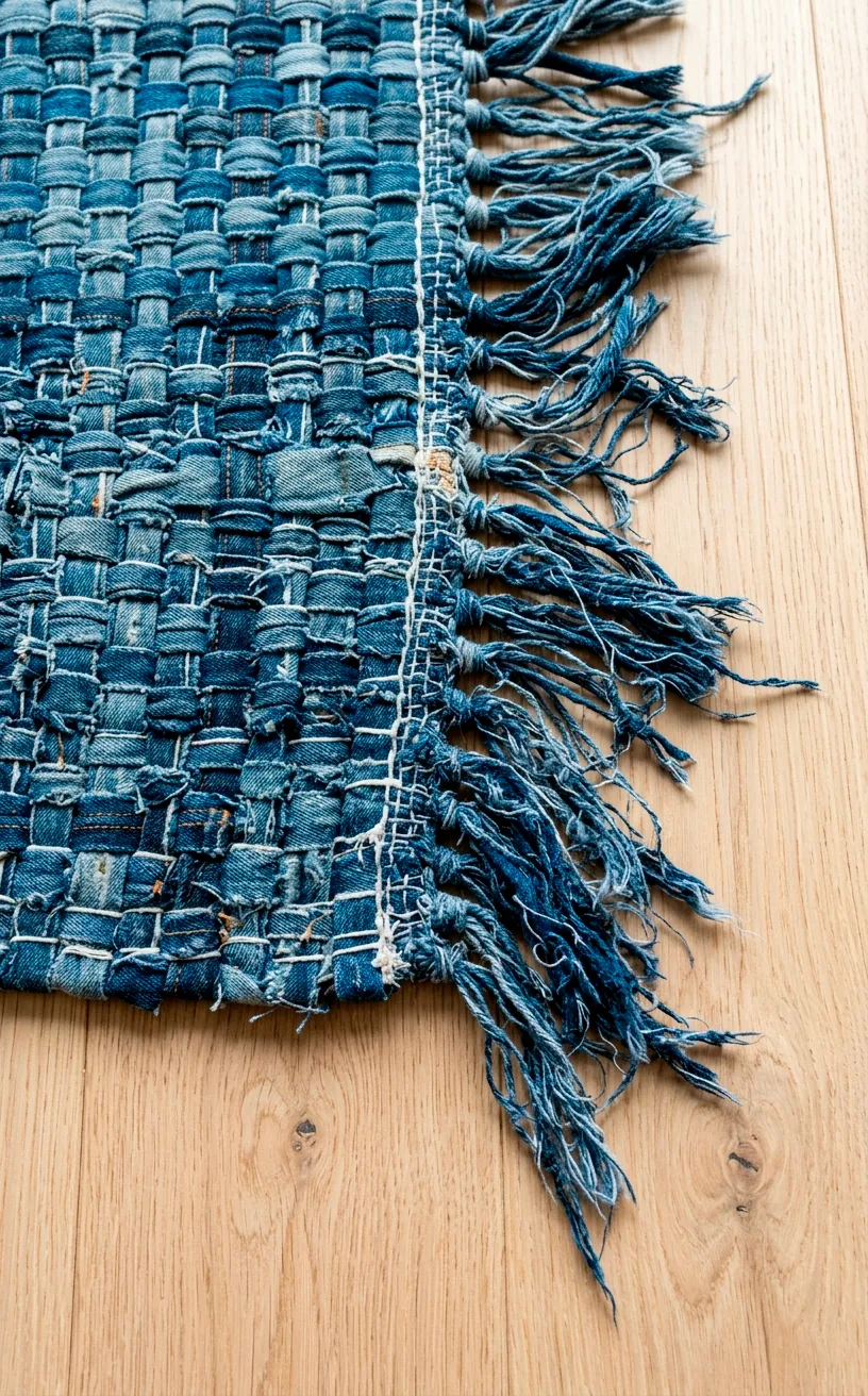 Frayed edge woven upcycled denim rug on blonde wood flooring.