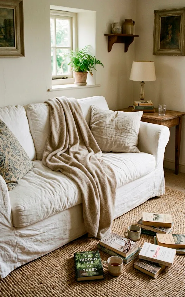 Relaxed white linen slipcovered sofa with natural wrinkles and a cozy throw