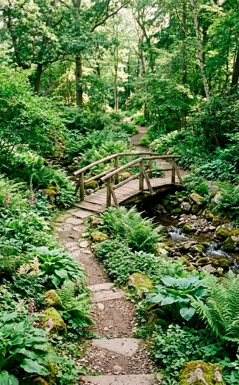 A narrow garden path winding toward a well-placed wooden bridge over a stream