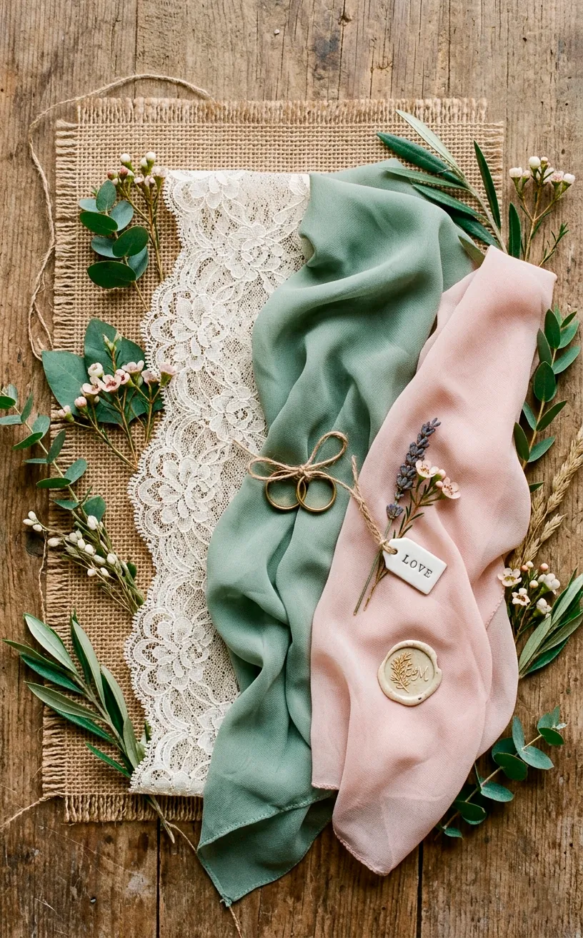 Flat lay of burlap lace and pastel chiffon fabric swatches showing wedding color palettes