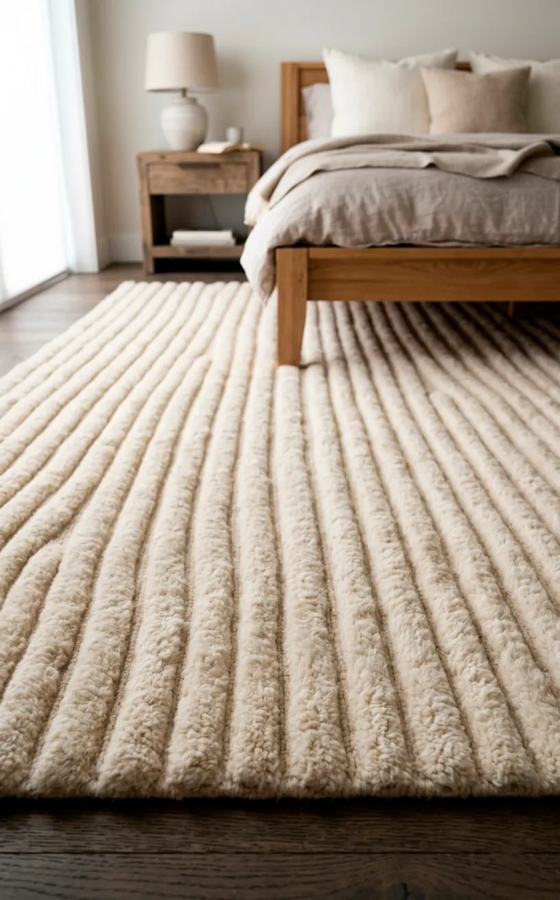 Thick ribbed alpaca blend rug in a bright, luxurious bedroom.
