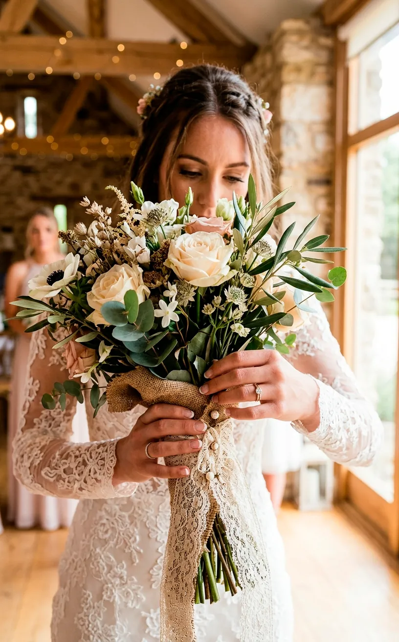 Close-up of a bride holding a rustic wedding bouquet wrapped in burlap and vintage lace