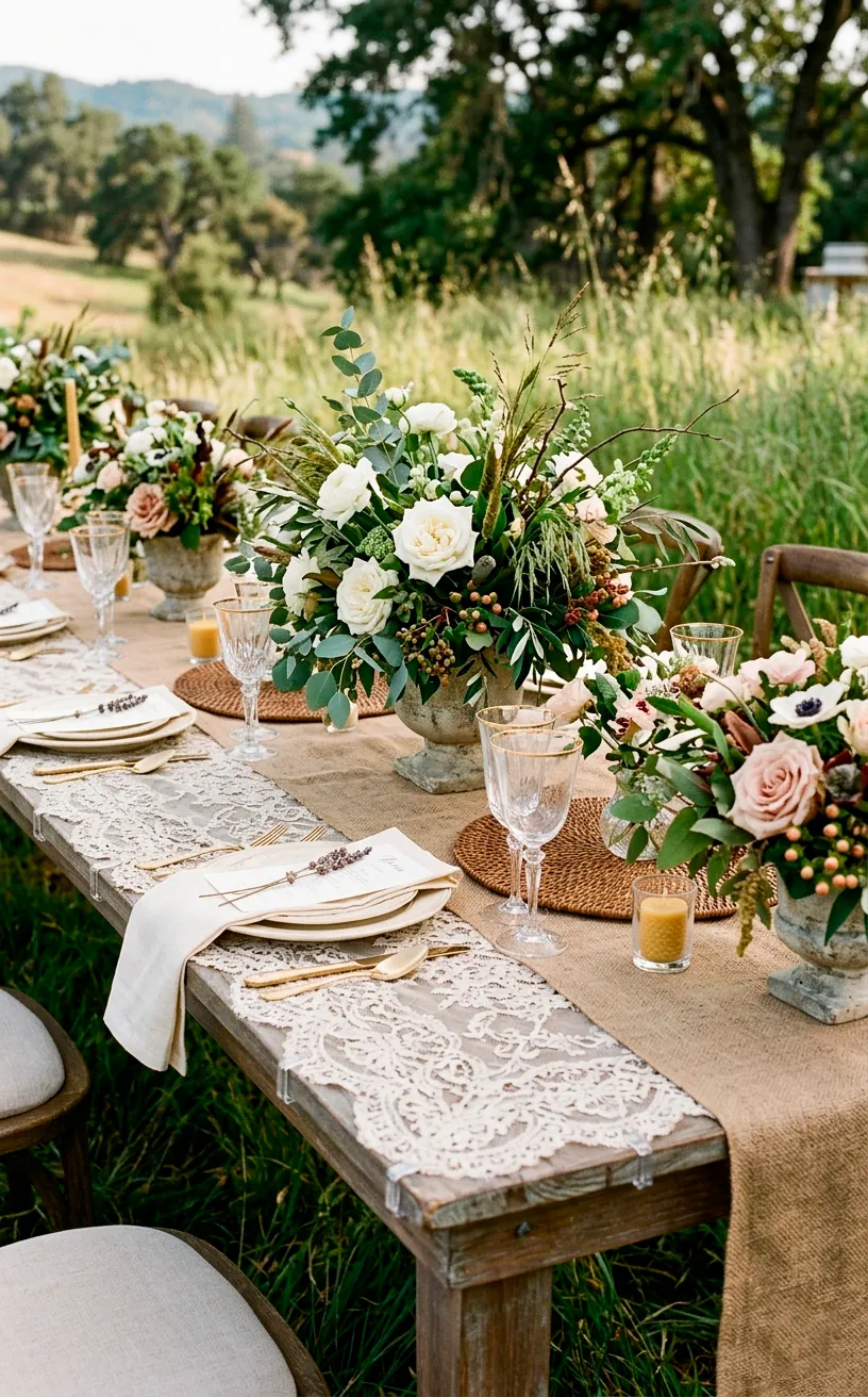 Outdoor wedding table featuring a heavy burlap runner and lace overlay weighed down by centerpieces