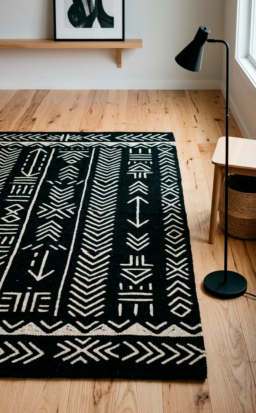 Black and white mudcloth print cotton rug on light ash wood floor.