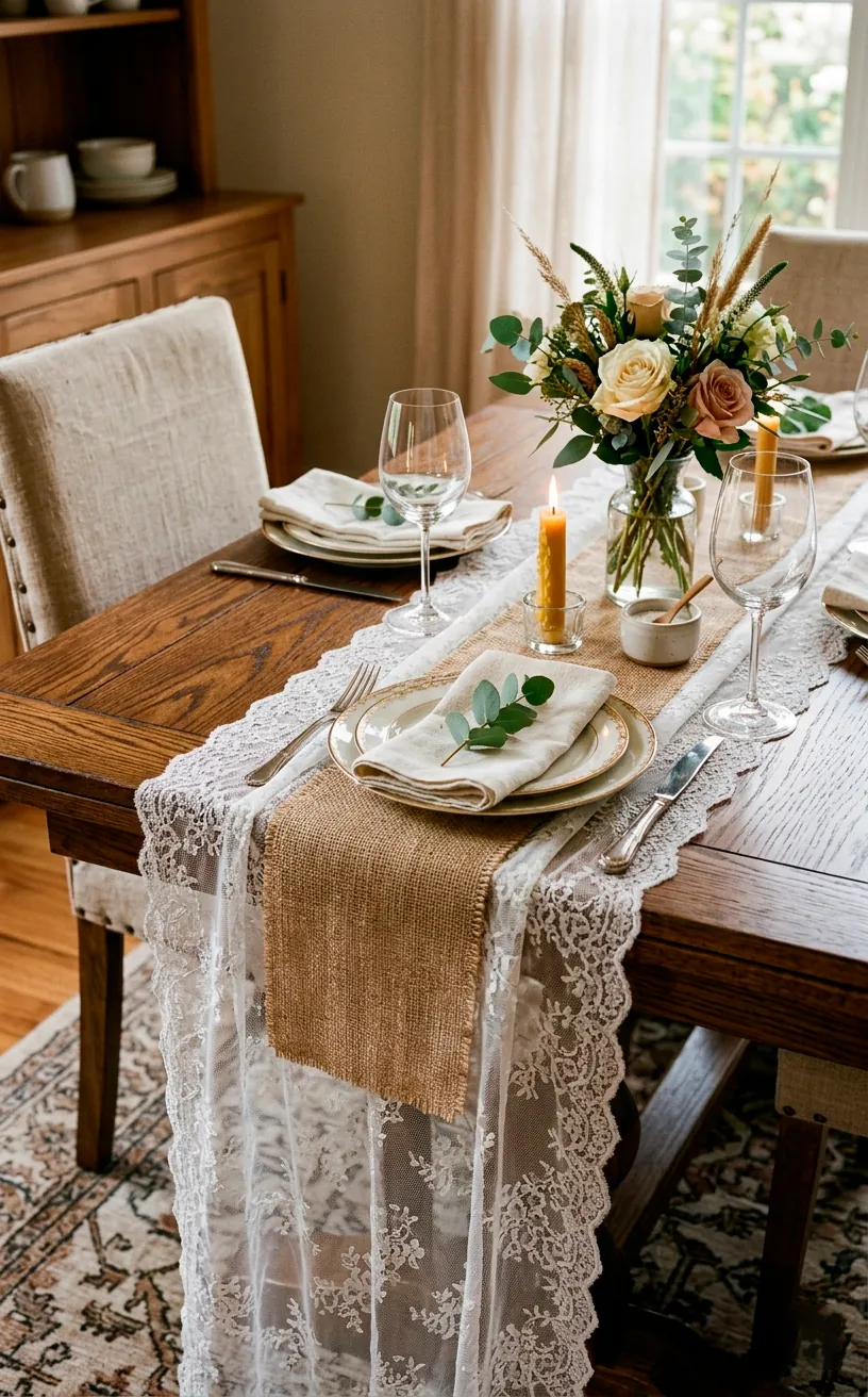 Layered table runner with delicate white lace and a narrow strip of burlap on a wooden table
