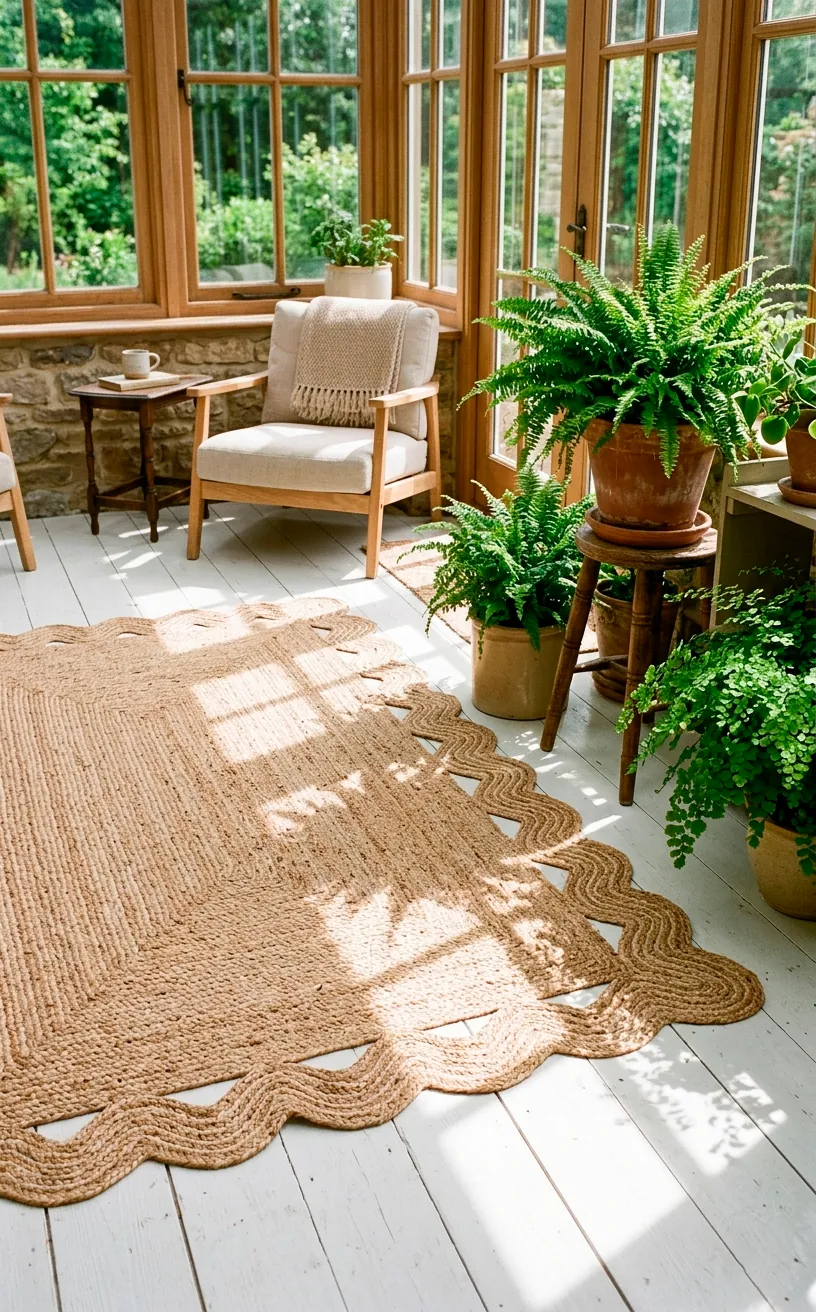 Natural jute rug with wavy scalloped edge in a bright sunroom.