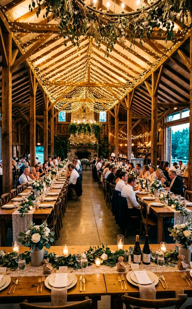 Beautifully balanced rustic wedding venue highlighting sophisticated and restrained decor choices