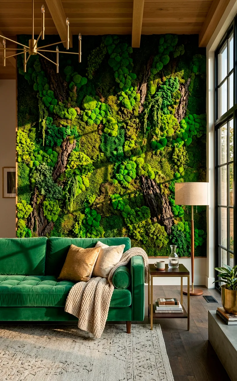 Luxurious living room with a giant preserved green moss wall installation.