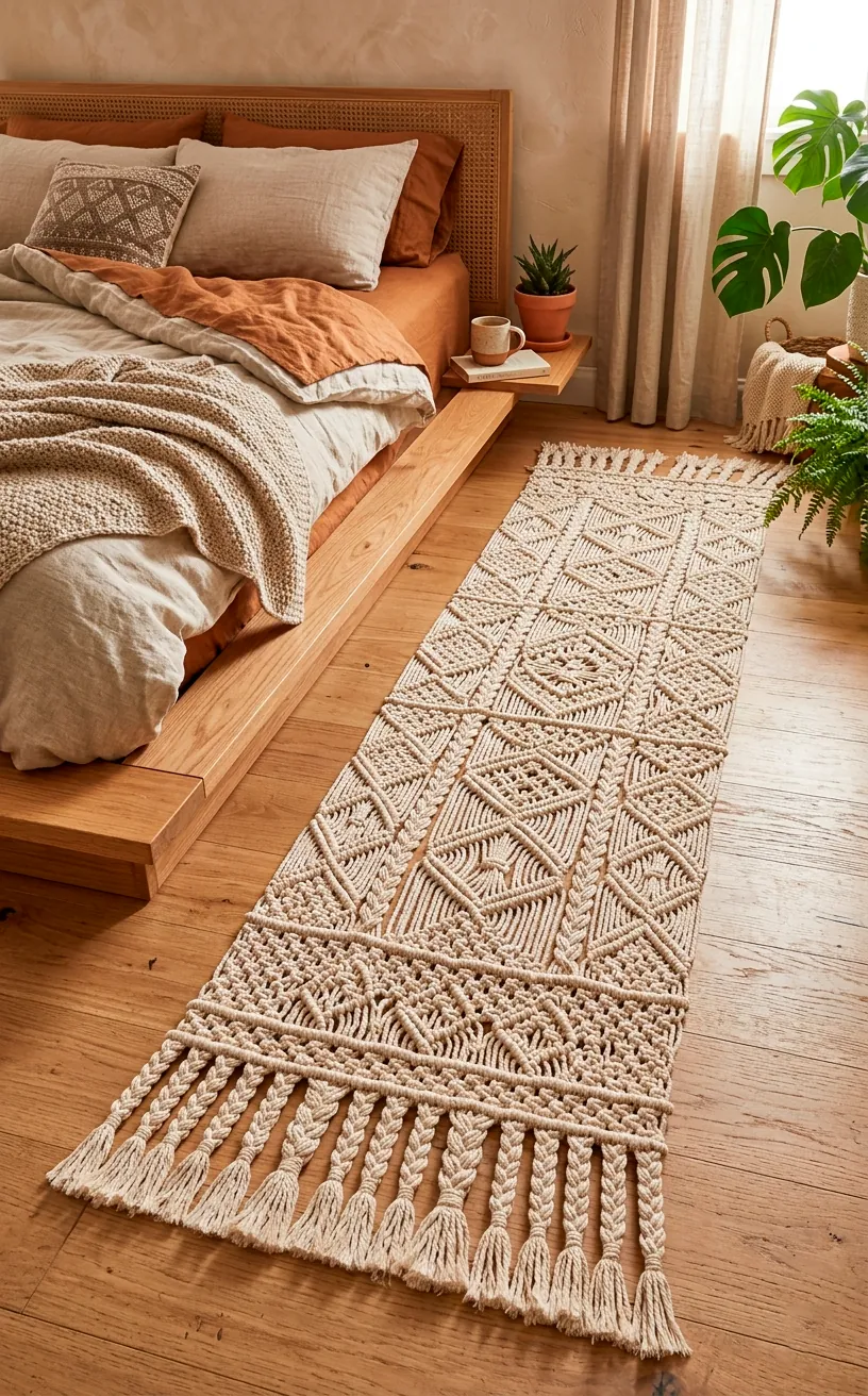 Macrame runner rug with intricate unbleached cotton knots beside a bed.