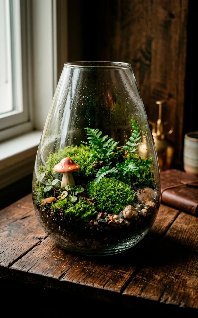 Glass geometric terrarium filled with fresh green moss and tiny ferns on a wooden desk.