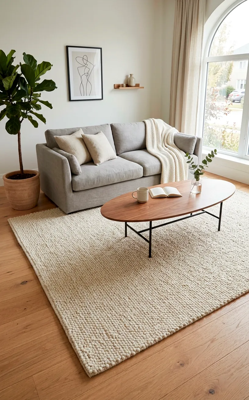 Oversized cream bouclé rug in a minimalist Scandinavian living room.