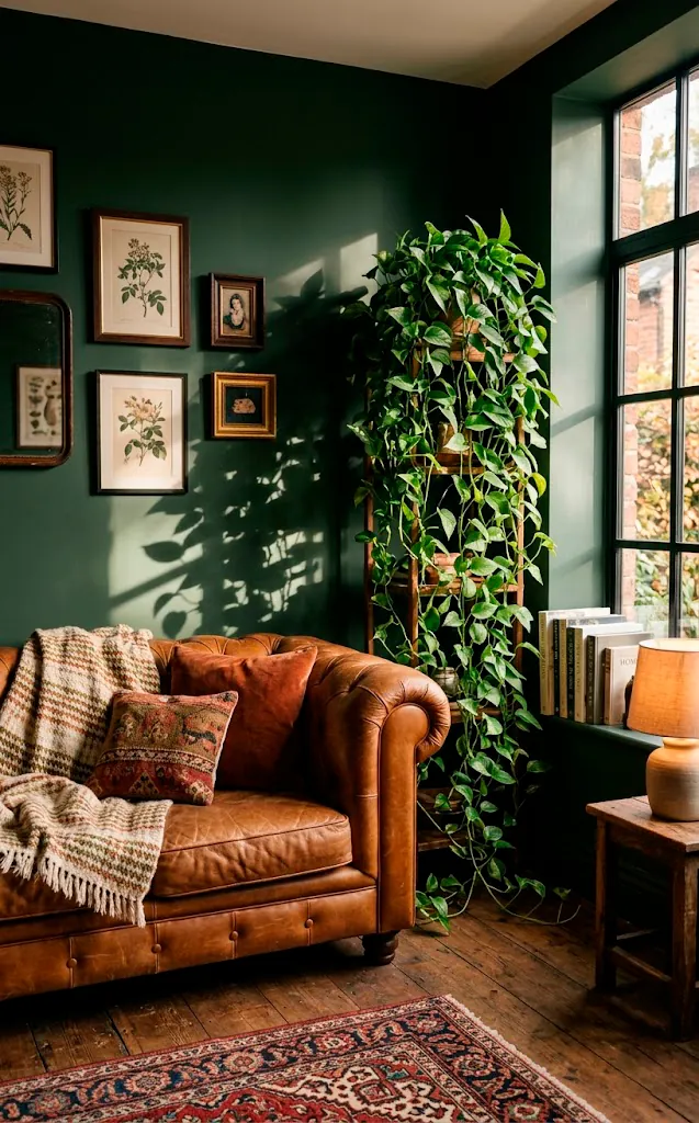 A stunning realistic living room featuring dark green walls, a cognac leather sofa, and lush indoor plants.