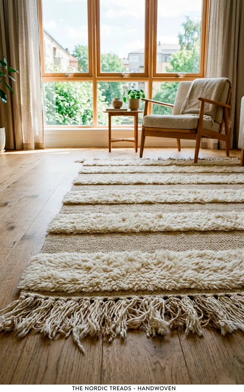 Tonal striped rug with alternating tufted and flat weave textures.