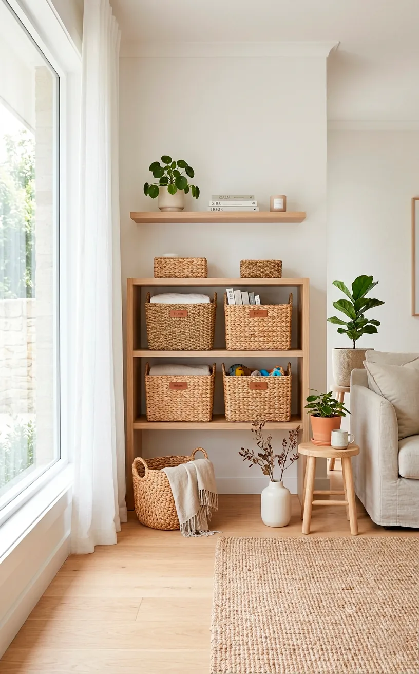 A clean, minimalist living room corner featuring woven storage baskets and a floating shelf.