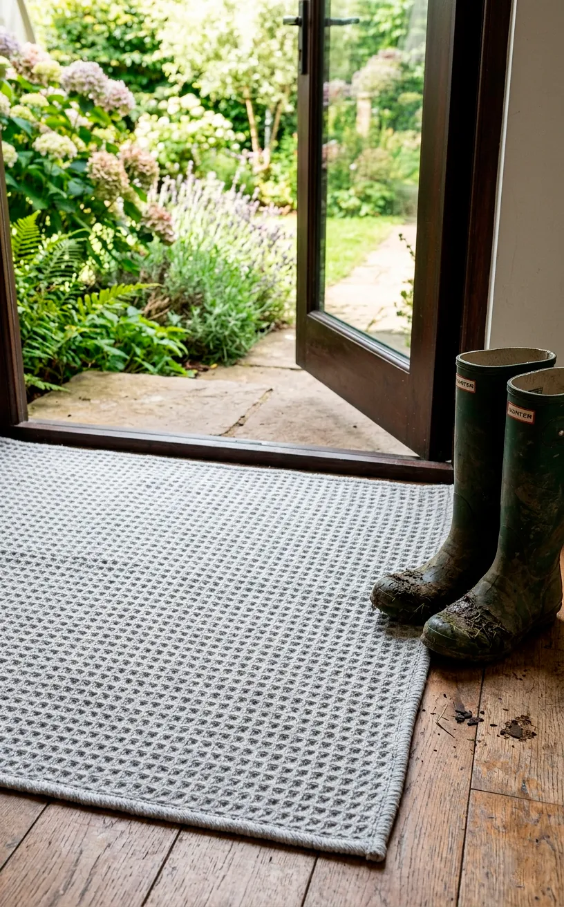 Light grey waffle weave rug near an open patio door with boots.