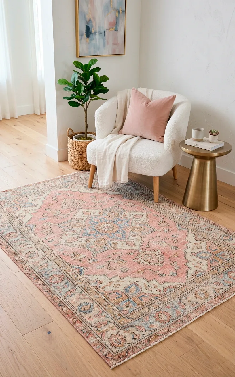 Vintage Oushak reproduction rug in washed pastels under a modern armchair.