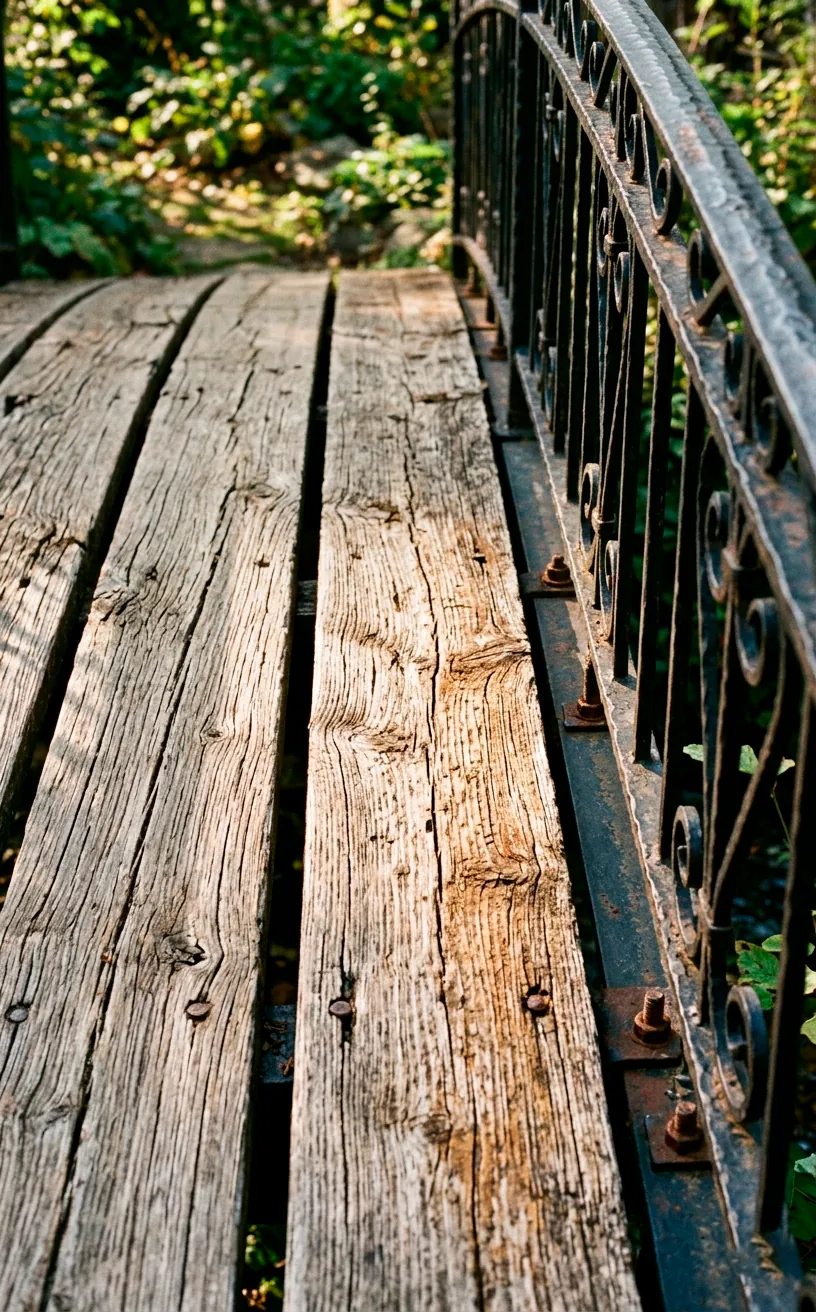Close up of weathered cedar wood planks and wrought iron railings on a garden bridge