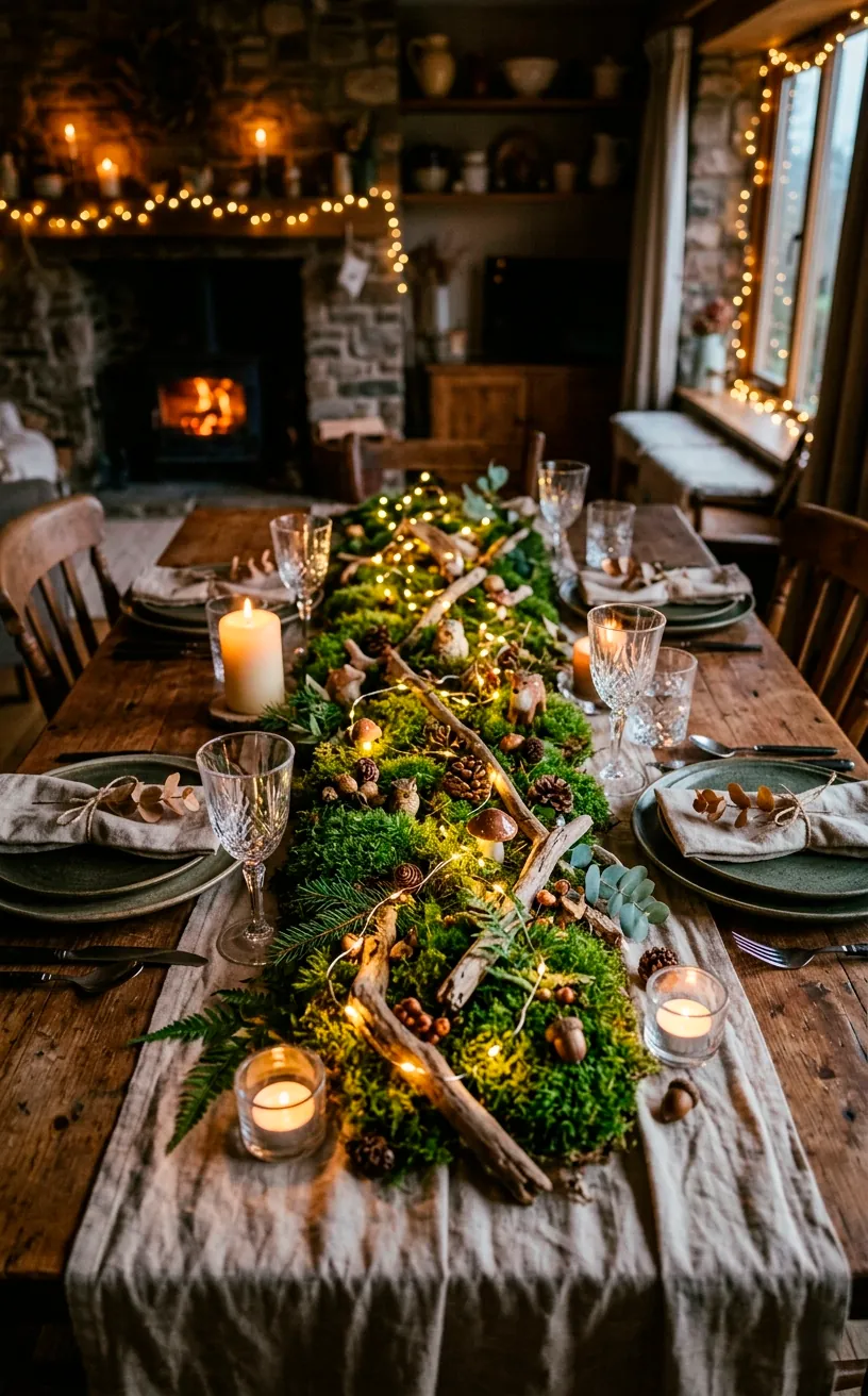 Dining table decorated with a woodland centerpiece made of moss, driftwood, and fairy lights.