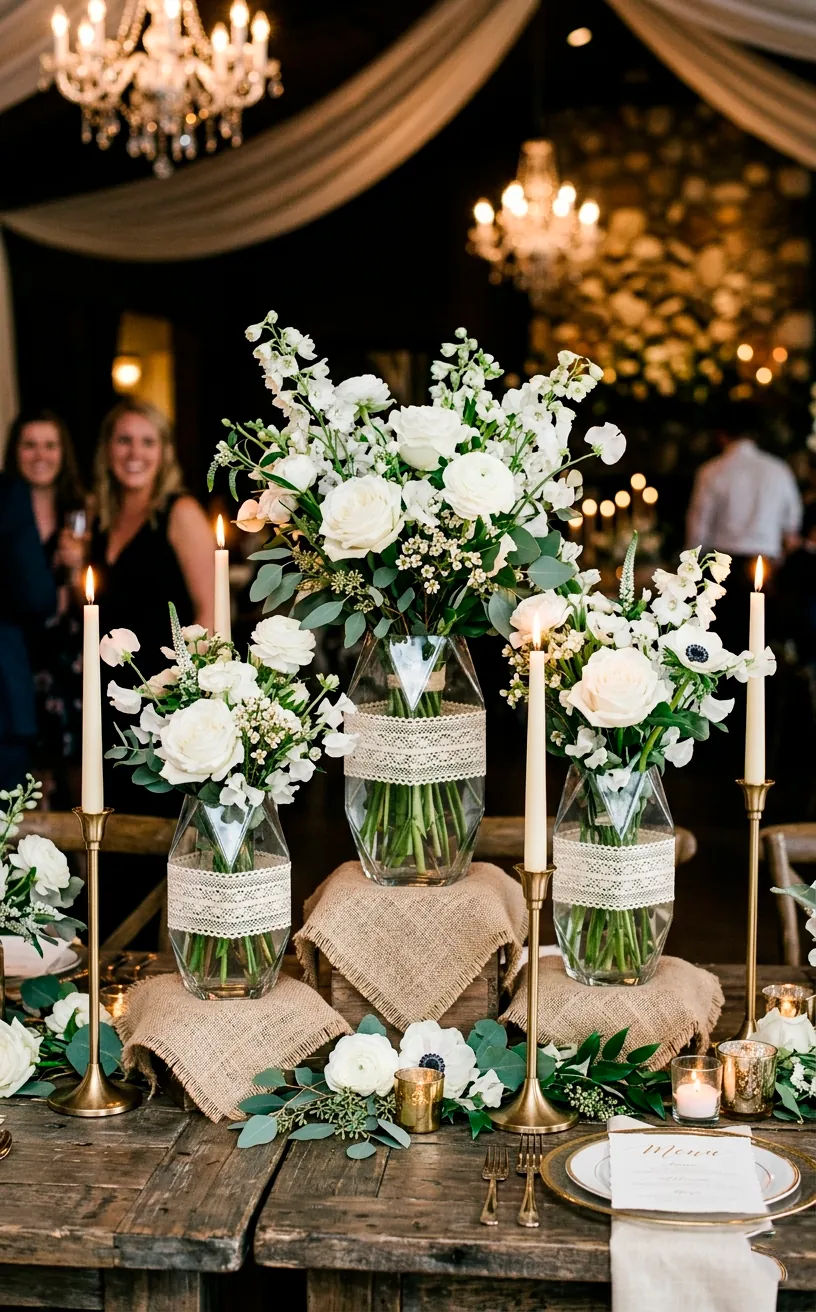 Modern glass vases wrapped in lace sitting on burlap squares with brass candle holders